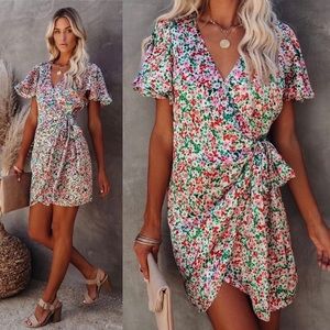 Vici Essence Floral Satin Wrap Dress